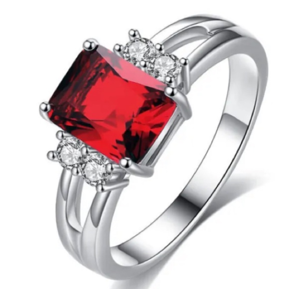 Ruby Red and white CZs size 8 Ring Silver Filled